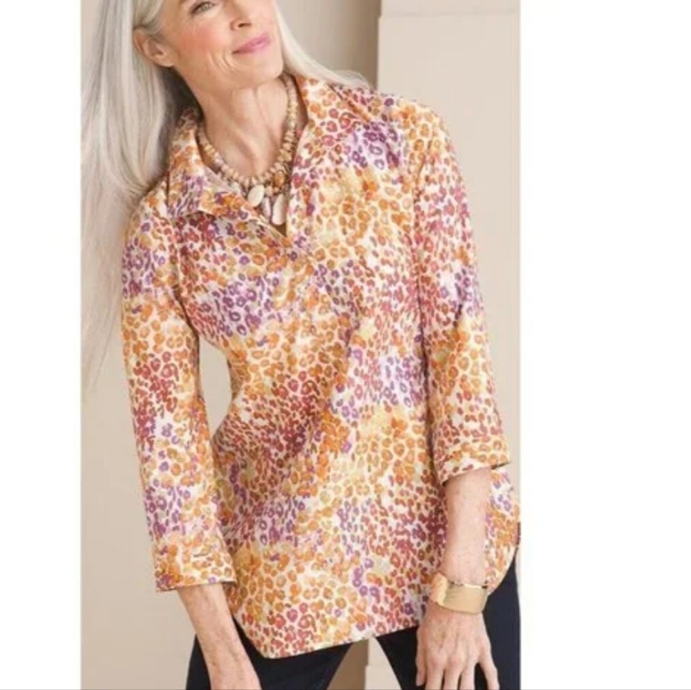 NEW Chico's No-Iron Animal-print Button-back Tunic Shirt S